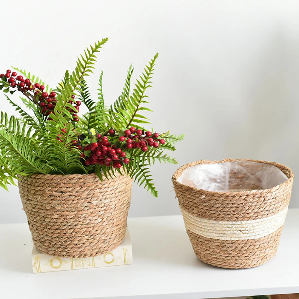 Storage Basket Flower Pots Seaweed Straw Hand Woven Basket Green Potted