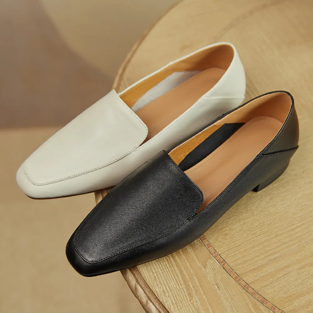 Women's genuine leather square toe slip-on flats loafers leisue soft comfortable moccasins casual espadrilles shoes for women