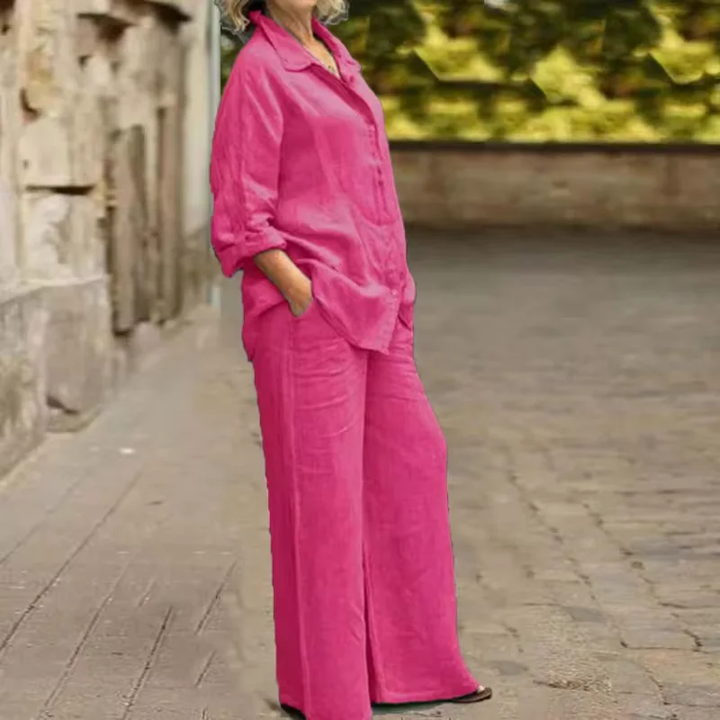 Women Linen Casual Shirt 2 Pieces Set Fashion Lapel Long Sleeve Button Blouse And Trousers Outfits Loose Wide Leg Pants Suits women linen outfits
