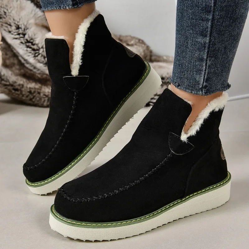 

2023 New Women's Shoes Slip on Women's Boots Winter Plush Warm Round Toe Solid Flock Casual Short Barrel Low-heeled Snow Boots