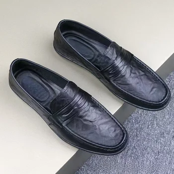 Casual Soft Surface Super Fiber Leather Men's Slip-On Shoes Spring 2026 round Toe Flat Heel Rubber Outsole Comfortable Loafers