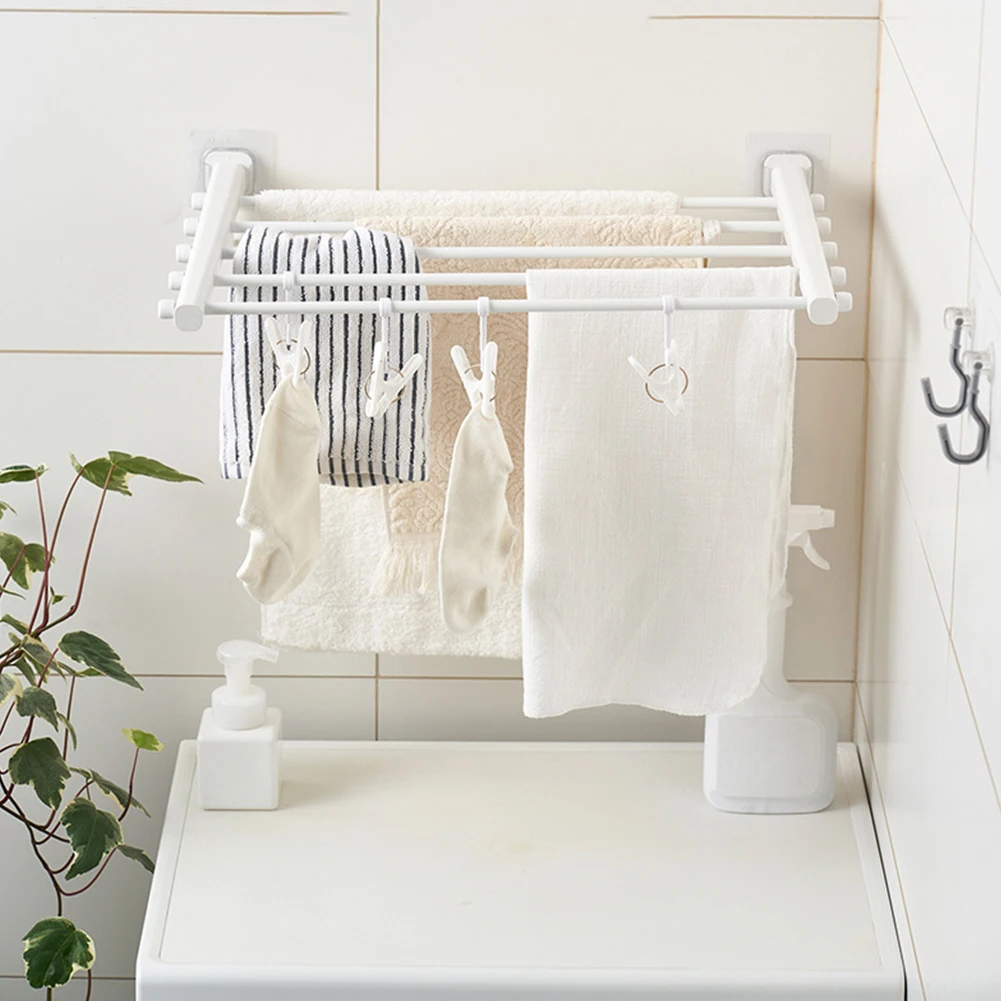 Folding Towel Rod With Sock Clip Wall Mounted Retractable Drying Racks Invisible Clothes Hanger Space Saving Non-Slip Hangers 2