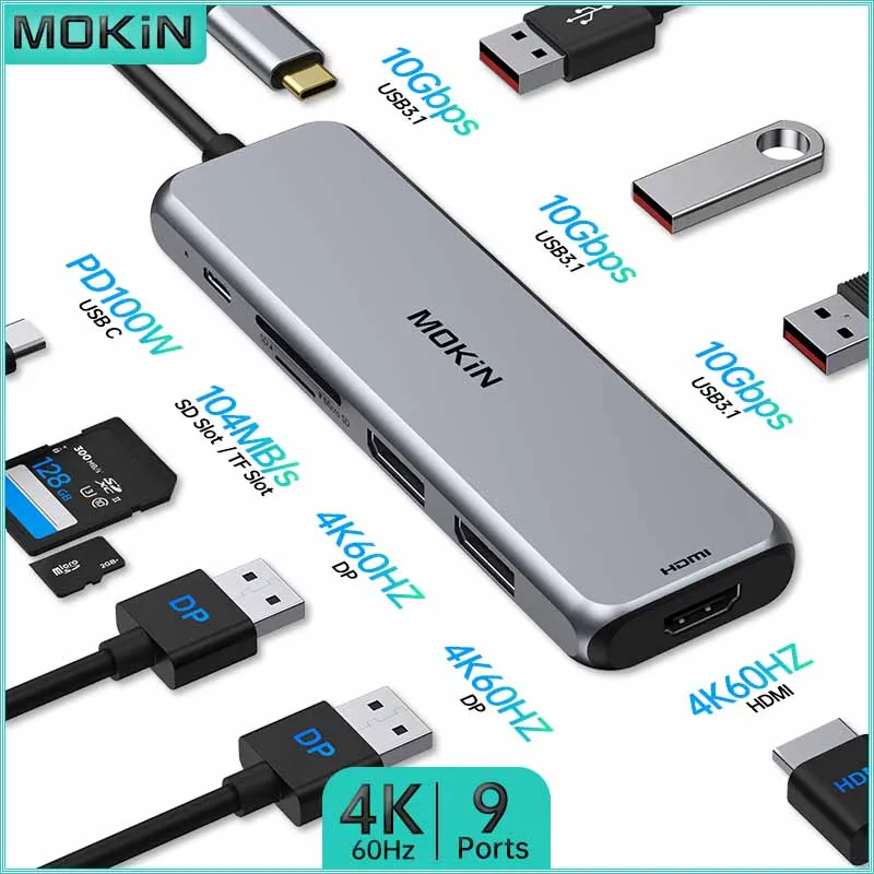 

MOKiN 9 in 1 Docking Station for MacBook Air/Pro, iPad, Thunderbolt Laptop - USB3.1, 4K60Hz HDMI/DP, PD 100W, SD/TF Card Reader