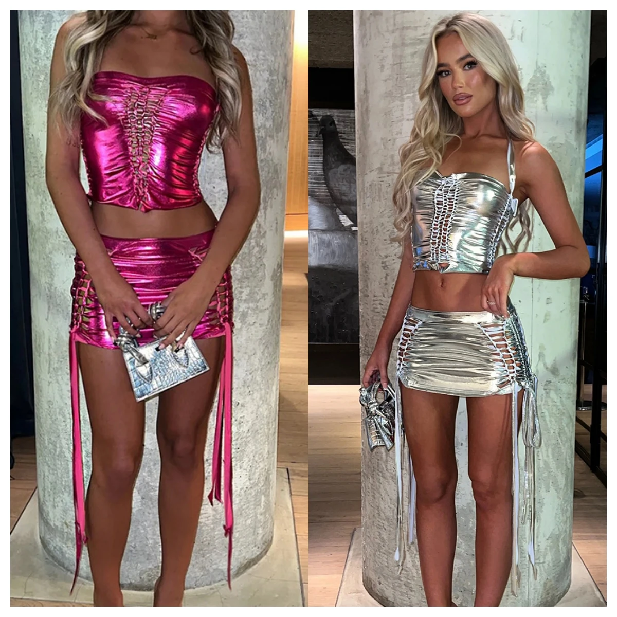 Shiny Hollow Skirt Set Women 2 Pieces Sexy Halter Backless Crop Top+Y2K Lace-up Bodycon Skirt Outfits Stylish Party Club Sets