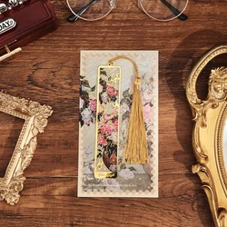 Retro Floral Metal Bookmark with Tassel - Elegant Bronzing Design (Pink Rose)