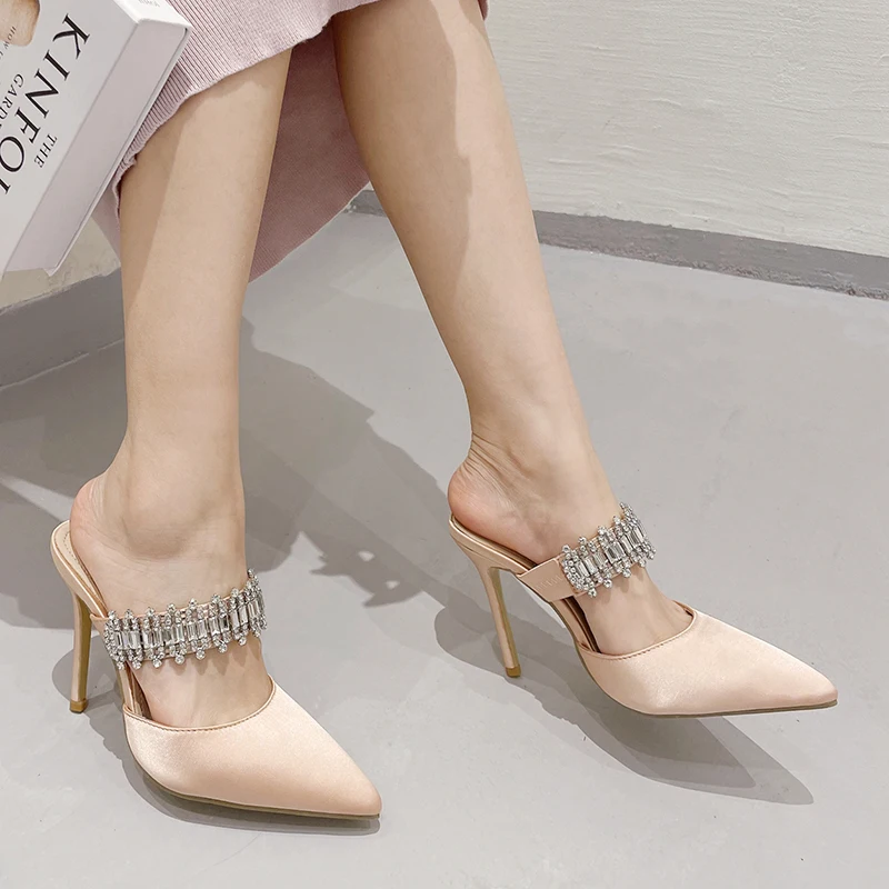 Summer Pointed Silk Rhinestone Strap Women's Sandals Slippers Hollow Slip On Slides Solid Color Fashion Sexy Dress Shoes Pumps