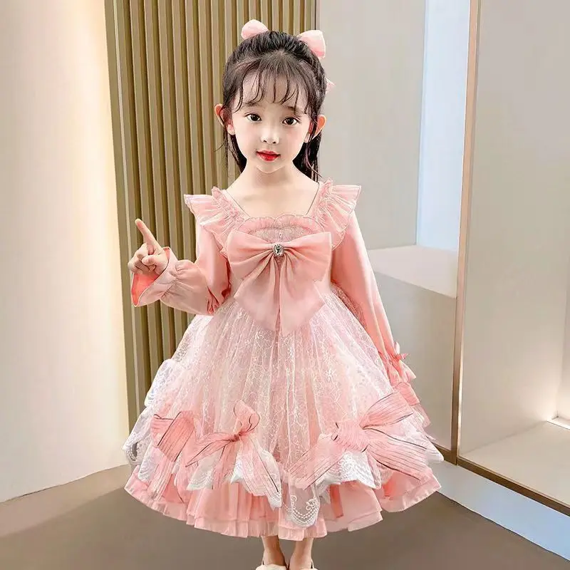 Birthday Party Lolita Dress Girls Kids Summer Lace Pink Long&Short Sleeve Dress Cute Princess Doll Teen For Girls