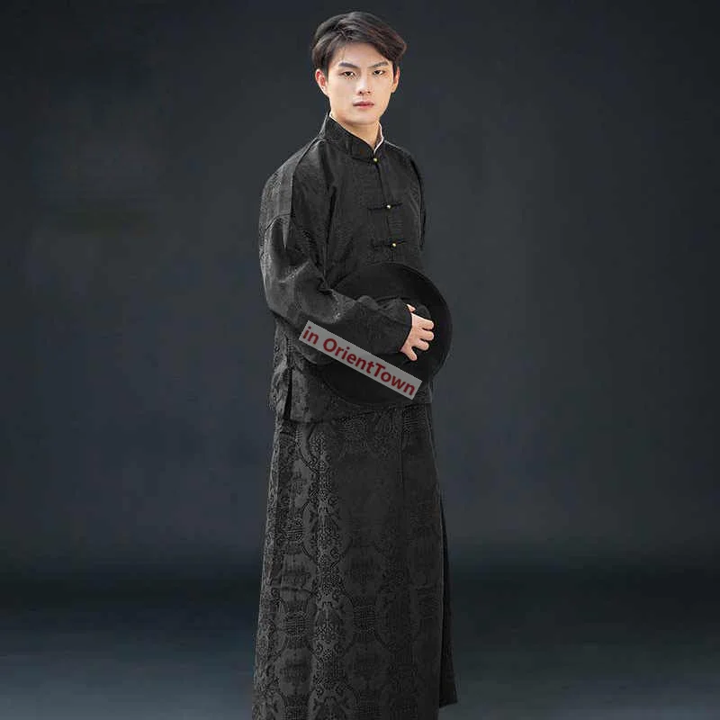 Mens Cotton Linen Gold Red Blue Black Mandarin Jacket Long Robe Male 1900-1949 Traditional Chinese Streetwear Tang Suit