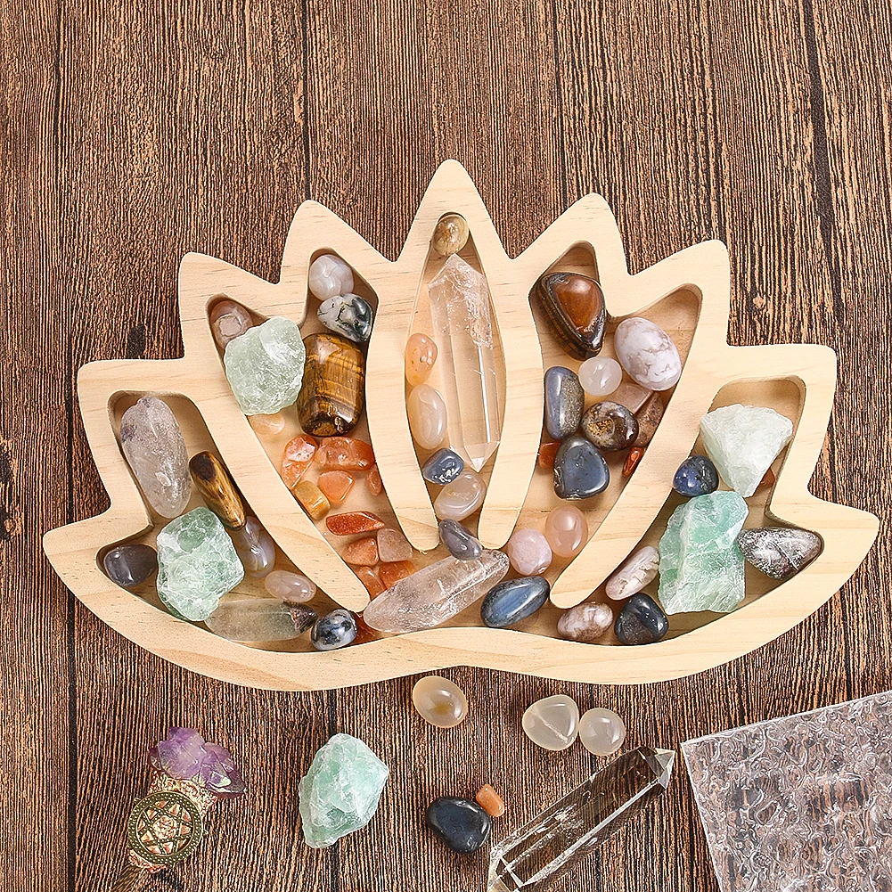 Wooden Crafts Lotus-shaped Jewelry Display Plate Necklace Earrings Tray Crystal Healing Stones Organizer Stand Home Decoration healing raw amethyst crystal calla lily with natural rose quartz base for desktop ornaments home decoration