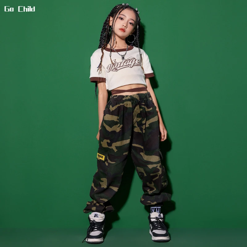 Girls Hip Hop Crop Top Camouflage Cargo Pants Clothes Sets Kids