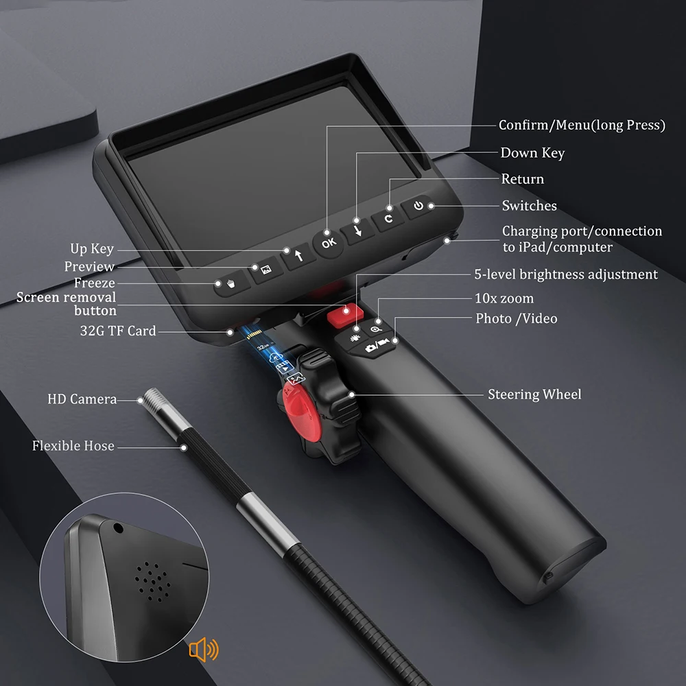 REYUECAM 5 inch IPS Screen Articulating Borescope 5.5mm lens Two-way 420° Steering Endoscope Camera IP67 8 LEDS 32GB Card