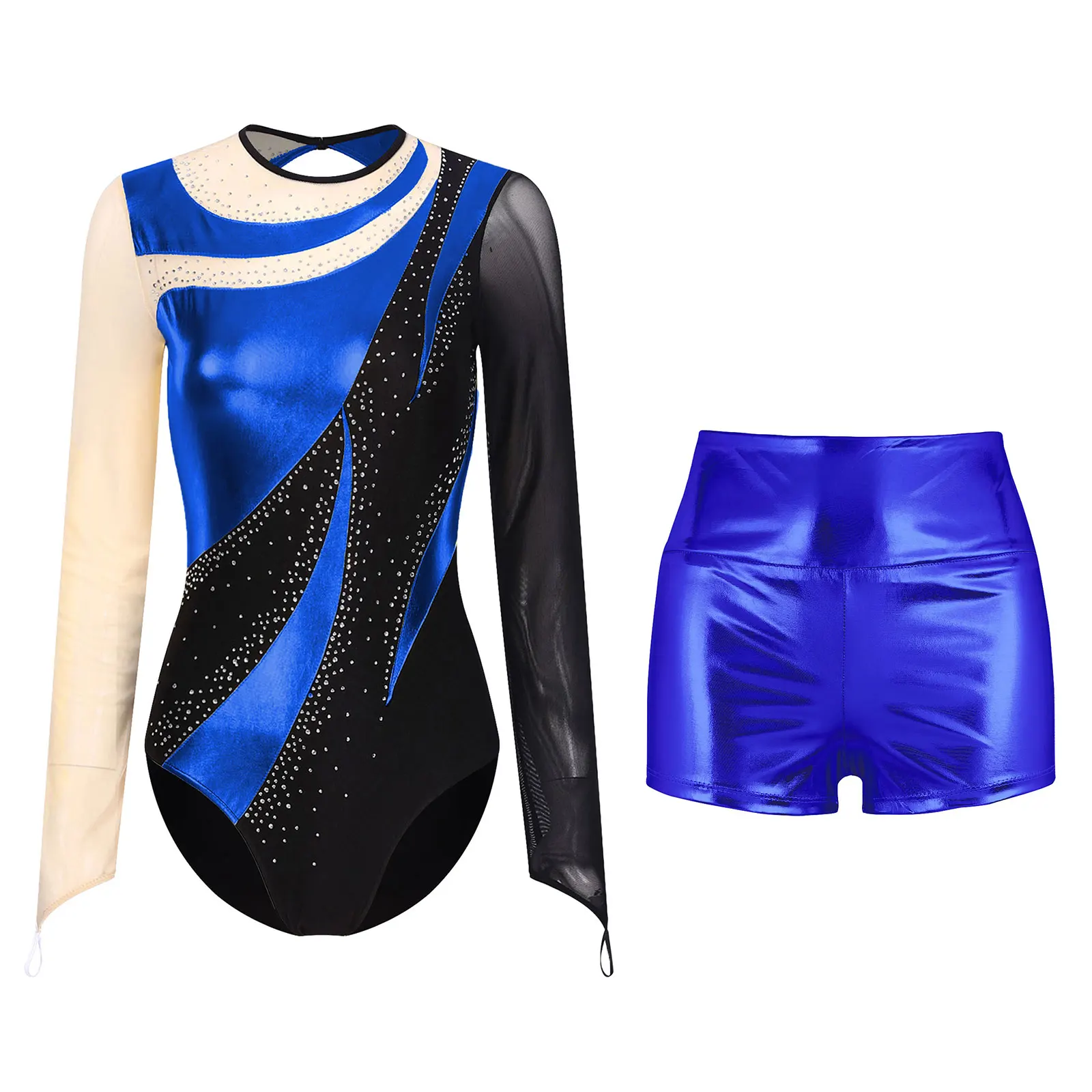 thumbnail image 1 of Body de gimnasia para mujer, con diamantes de imitación brillantes, patinaje, pantalones cortos metálicos, trajes de baile de Ballet, mono de leotardo de manga larga, 1 of 5