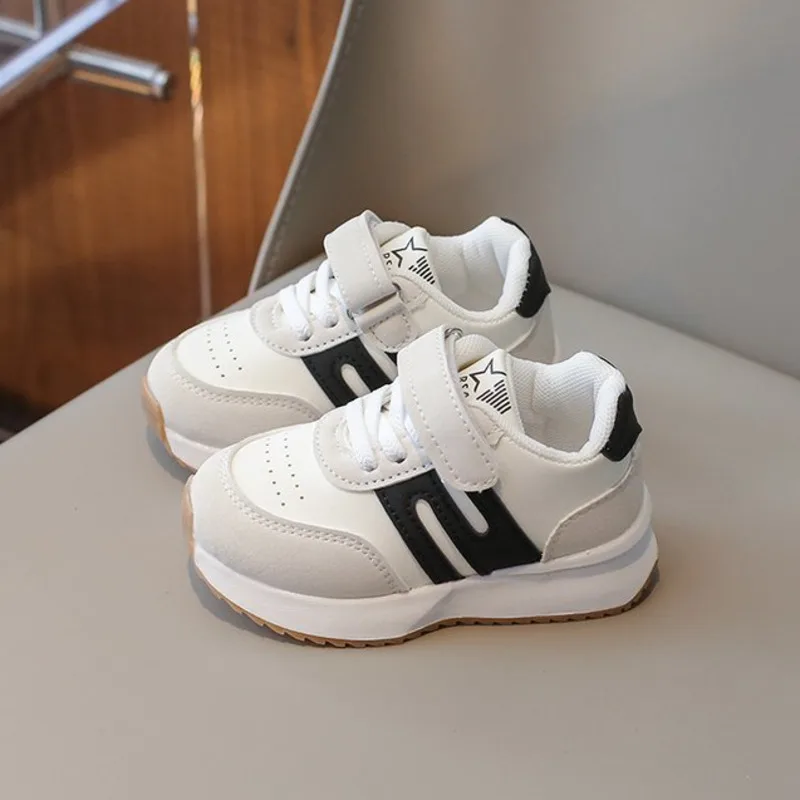 White Casual Baby Girls Boy's Sport Shoes PU Hook Loop Running Shoes For Children Comfortable Soft Sole Toddler Kids Sneakers