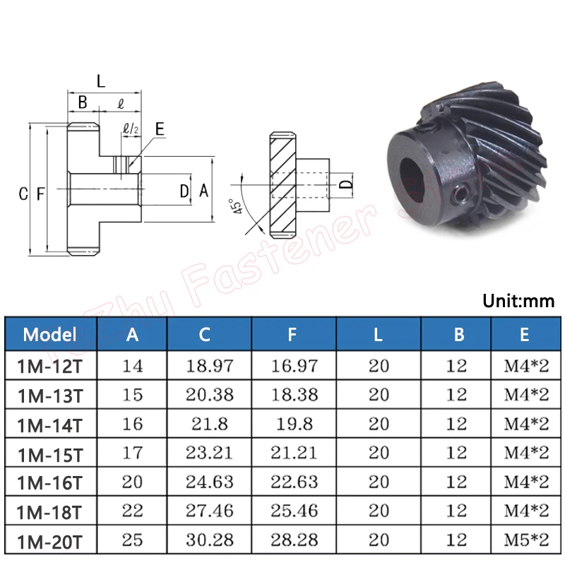 45 Degree Helical Gear 12 13 14 15 16 18 20 Teeth 45# Steel Gear D Hole 5x4.5/6x5.5/8x7/8x7.5/10x9mm Left/Right Spiral 1pc 1M