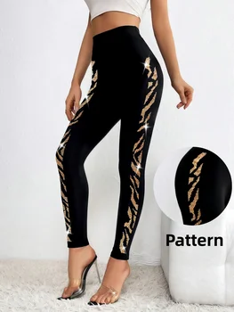 Women's Black Gold Leopard Vertical Stripes Rhinestone Sparkly Legging High Waist Elastic Knitted Dinner Party Matching Leggings 1