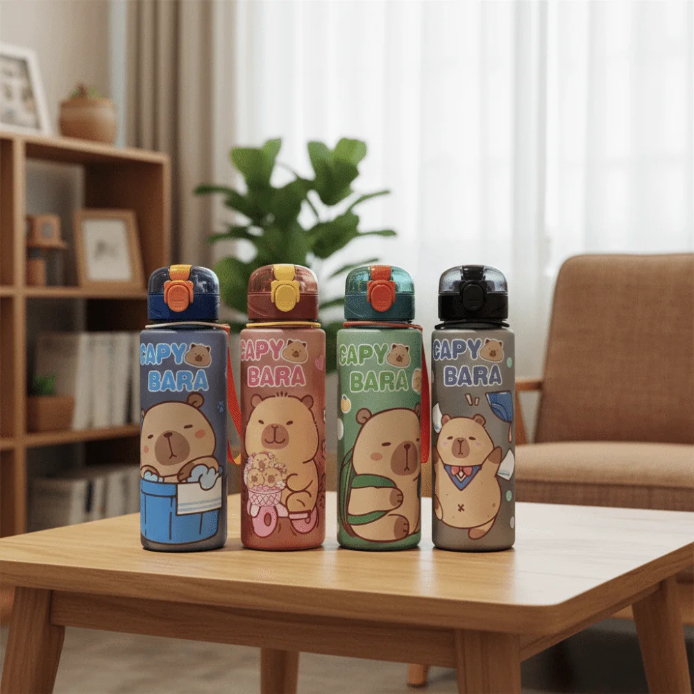 플라스틱 빨대 카피바라 물병 대용량 휴대용 스트랩 누수 방지 빨대컵 700ml 시..