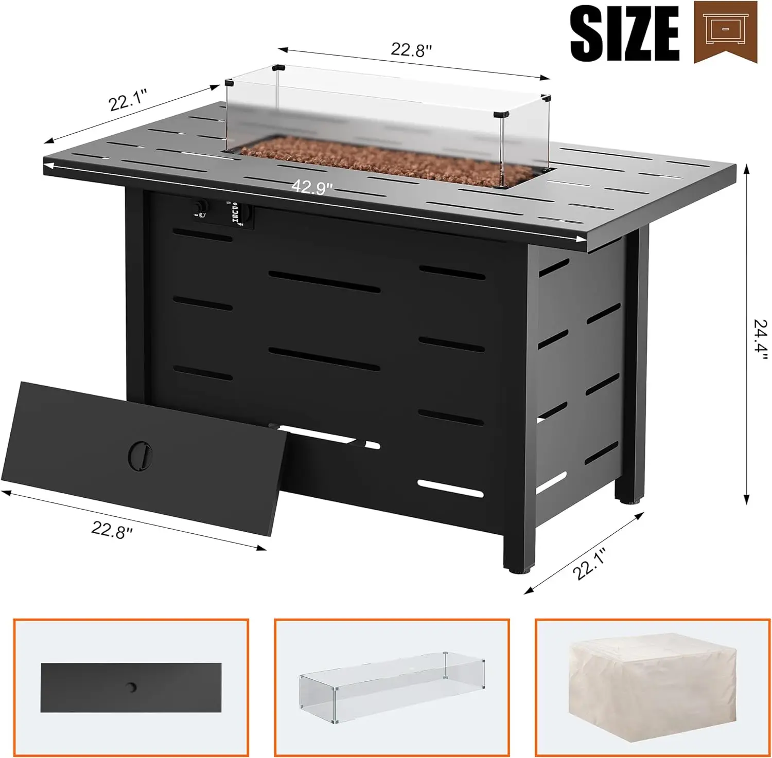 Walsunny 43 inch Outdoor Propane Fire Pit 50,000 BTU Gas Fire Pit Table with Lid, Glass Wind Guard, Waterproof Cover 2