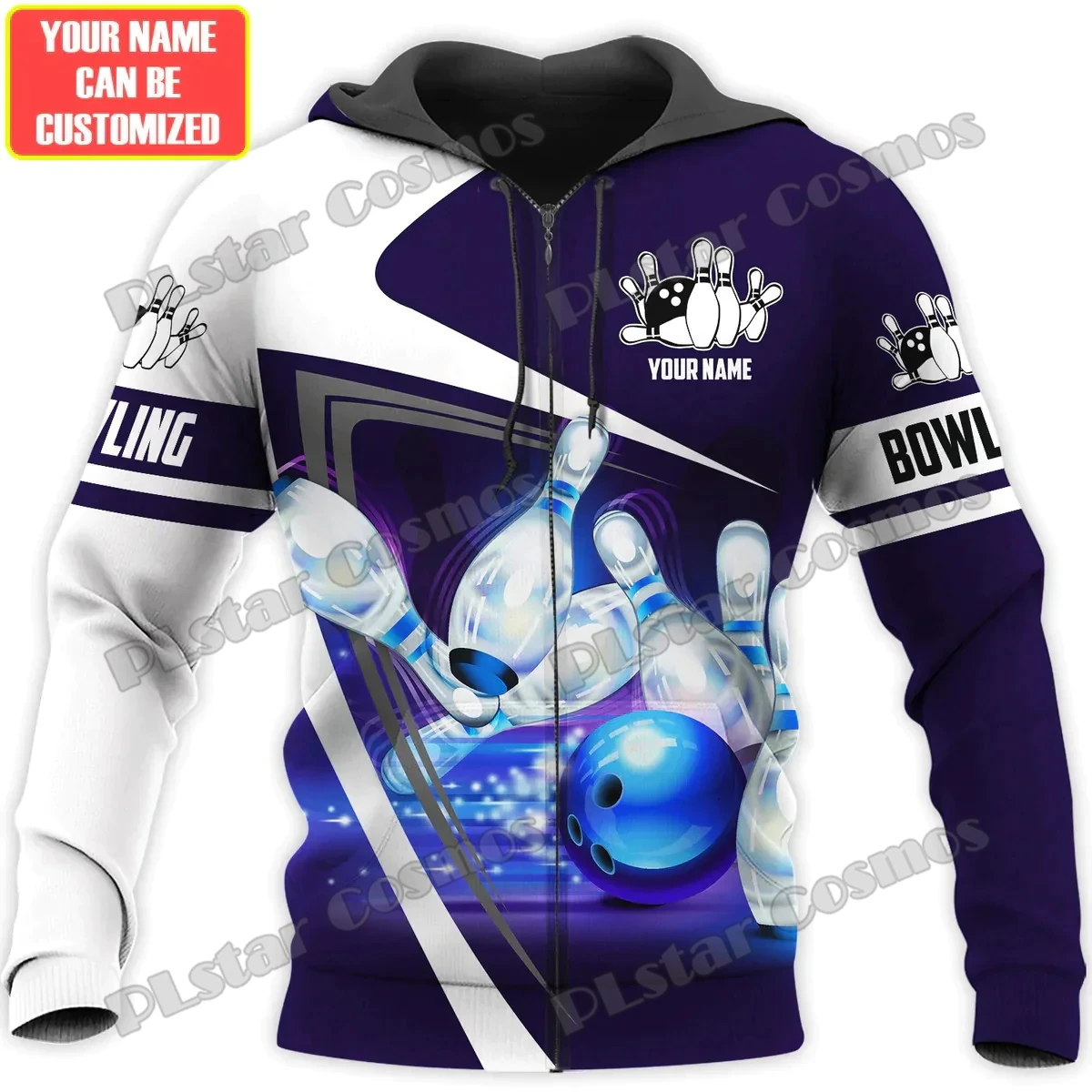 Personal isierter Name Bowling-Spieler 3d voll bedruckte Herren Reiß verschluss Hoodie Herbst Unisex Reiß verschluss Jacke für Bowling Liebhaber Geschenk dk571 – Detail 13