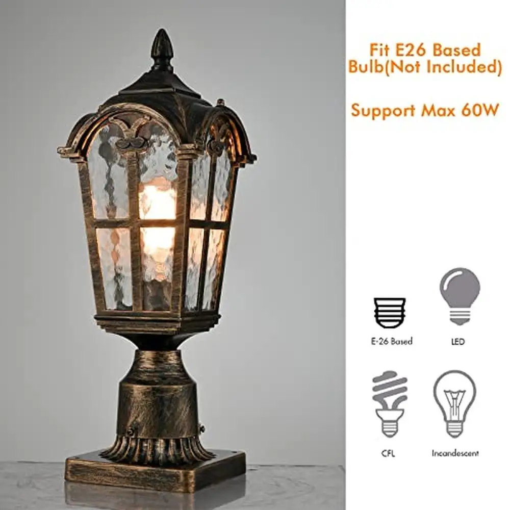 Outdoor Waterproof Aluminum Post Lantern with Water-Tempered Glass Shade Pier Mount and Pole Mount Applications ETL Listed