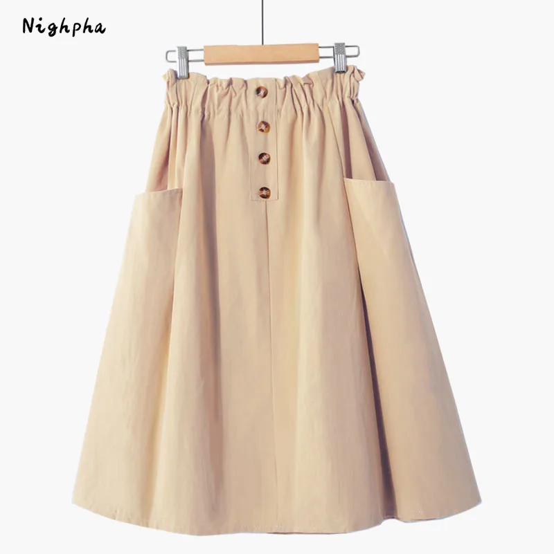 

Nighpha Summer Causal Midi Long Skirt for Women Korean Style Solid Color High Waist A-line Skirt with Double Pocket Large Hem