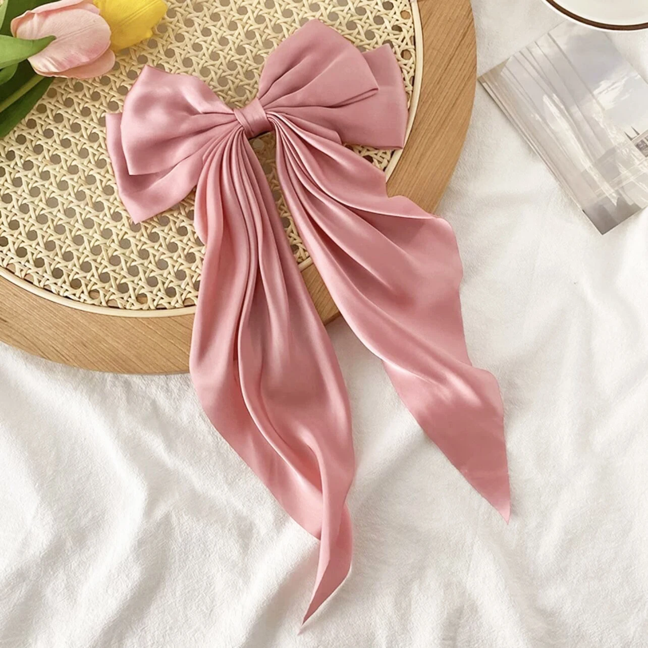 SUN SIGN】Korean Ribbon Bow Rose Hair Clip Ponytail Big-name Fashion  All-match Hairpin Ribbons tie ties accessories for Women