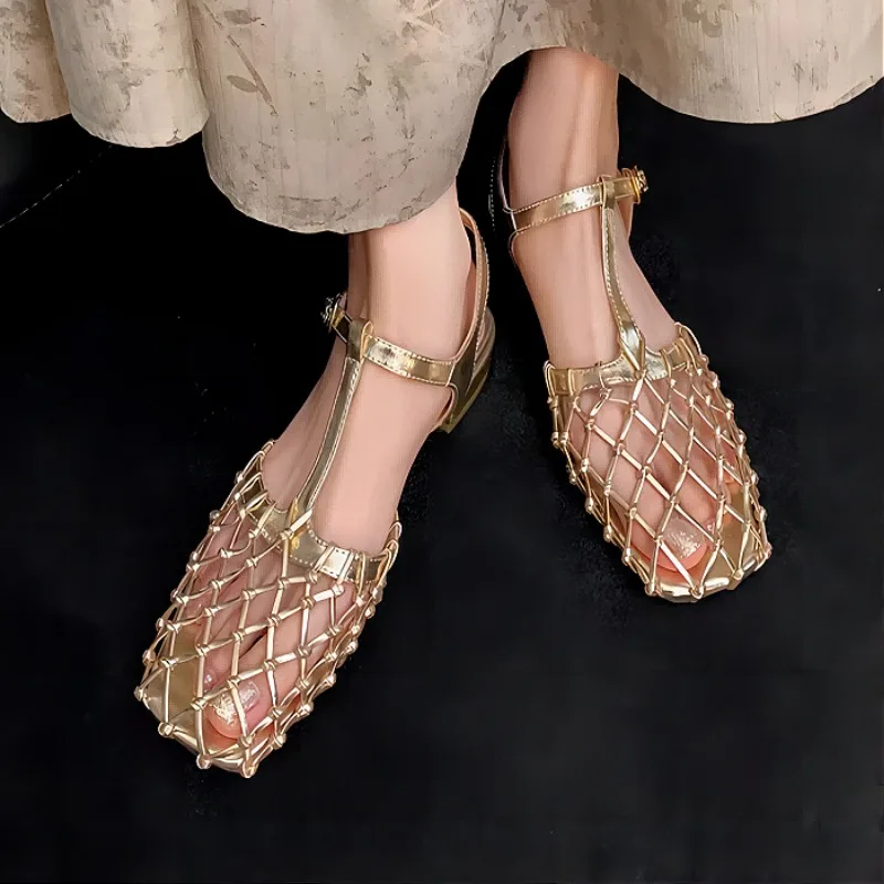 Women Weave Mesh Sandals Square Toe Low Heels Mules Shoes Open Toe Woman Summer 2025 Trend Dress Chunky Designer Pumps Mujer