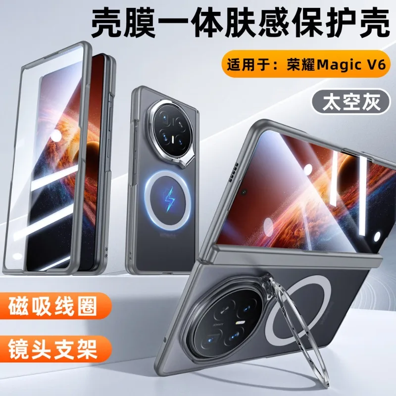 Magic V6 Magnetic Matte Transparent Case with Camera Holder and Central Hinge Protection, includes Tempered Glass Film