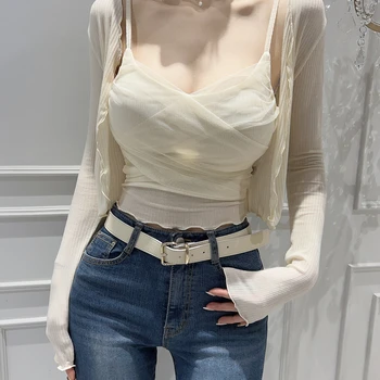 한국 그물 붉은 바다 스타일 메쉬 조인트 카미 + 나무 귀 카디건 짧은 코트 투피스 세트 티셔츠 가을