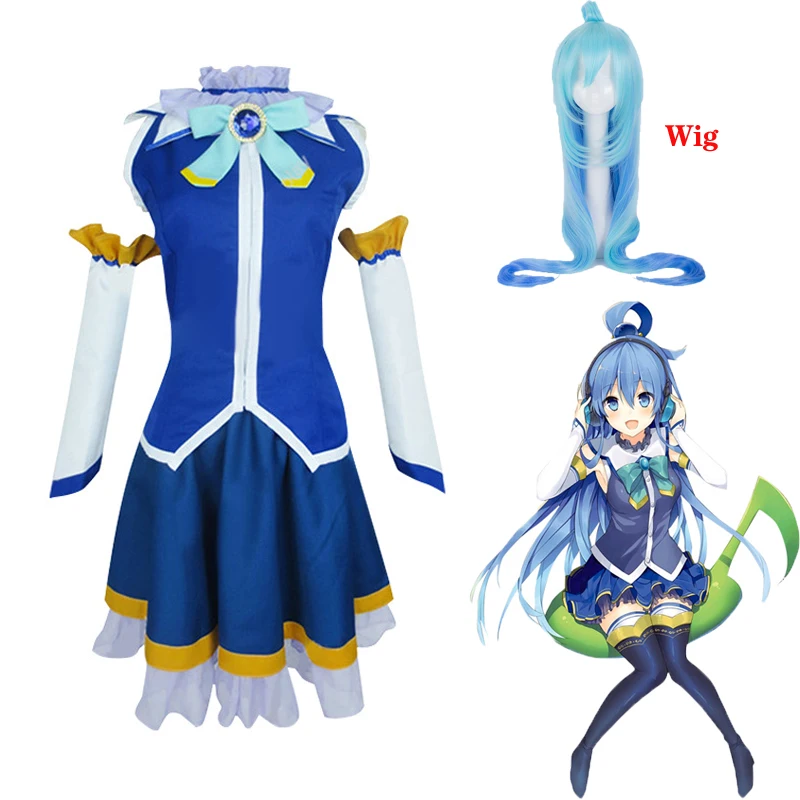 

Anime KonoSuba God's Blessing on This Wonderful World Aqua Cosplay Costume Tops Dress Uniform Wig Outfit Halloween Cosplay