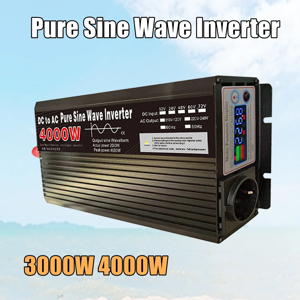 

Inverter DC12V/24V To AC 110V 220V Voltage 50/60HZ Power Solar Transformer Pure Sine Wave Converter With Color Display EU Socket