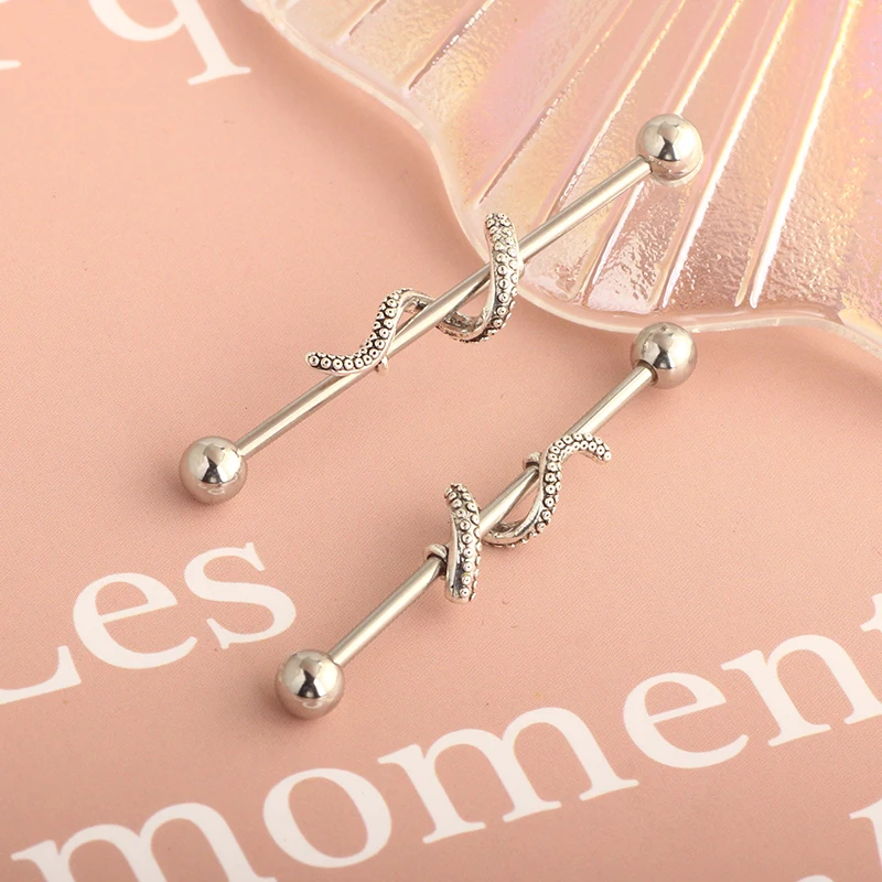 Fish 14G Industrial Earrings Barbell Stainless Steel Piercing Body Cartilage Ear Tragus Industrial bar long Tragus Conch Jewelry