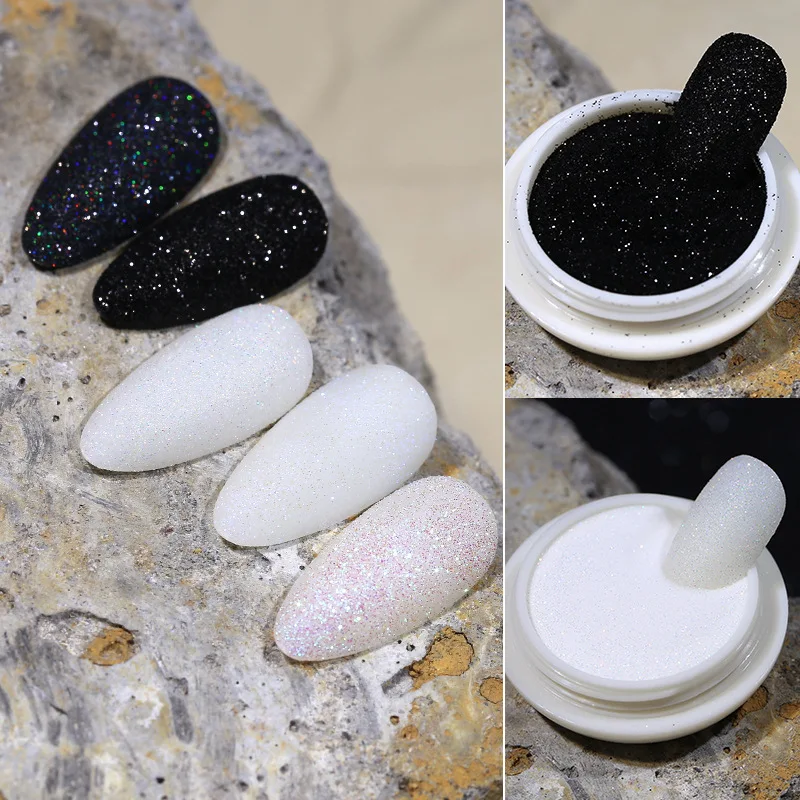 Nail Powder Glitter Decorations Shinning Iridescent Silver Black Nail Sugar Glitter Powder White Color UV Gel Polish Chrome Pigment Dust Nails Art Decoration