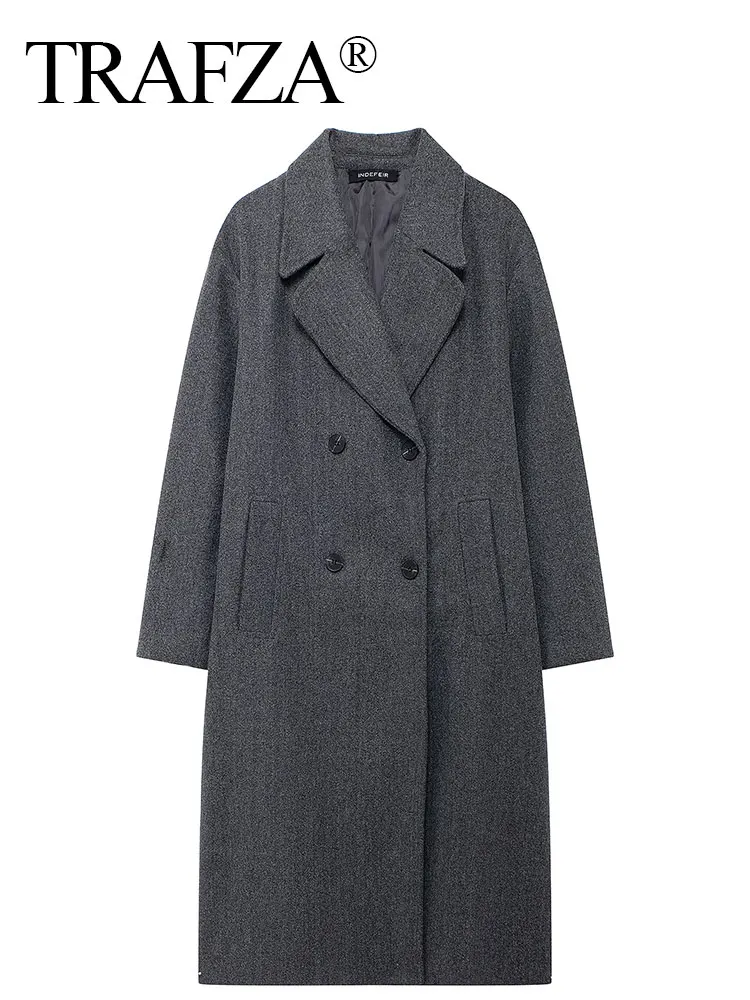 TRAFZA 2024 Autumn New Women Loose Coat Lapel Double Breasted Long Sleeve Jacket Winter Warm Thick Vintage Solid Trench Outwear 3