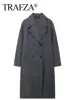 TRAFZA 2024 Autumn New Women Loose Coat Lapel Double Breasted Long Sleeve Jacket Winter Warm Thick Vintage Solid Trench Outwear 3