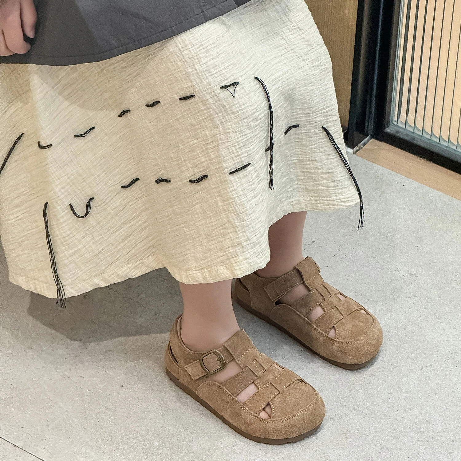 Summer Children Boys Girls Fashion Retro Matte Genuine Leather Hollow Closed Toe Sandals Kids Toddler Soft Sole Sports Sandals