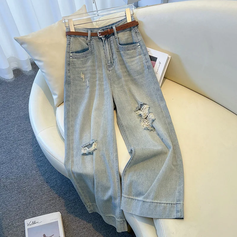 מכנסי ג'ינס רחבים קרועים בצבע כחול בהיר לנשים, מותאמים למותן הגבוה, גזרה רחבה, מכנסי ג'ינס בסגנון רחובי אופנתי