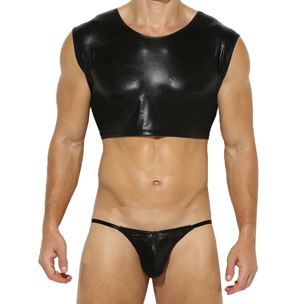

Mens Chest Harness Undershirts Briefs Faux Leather 2 Piece Sleeveless Fitness Crop Tops Panties Jockstrap Gay Clubwear Nightwear