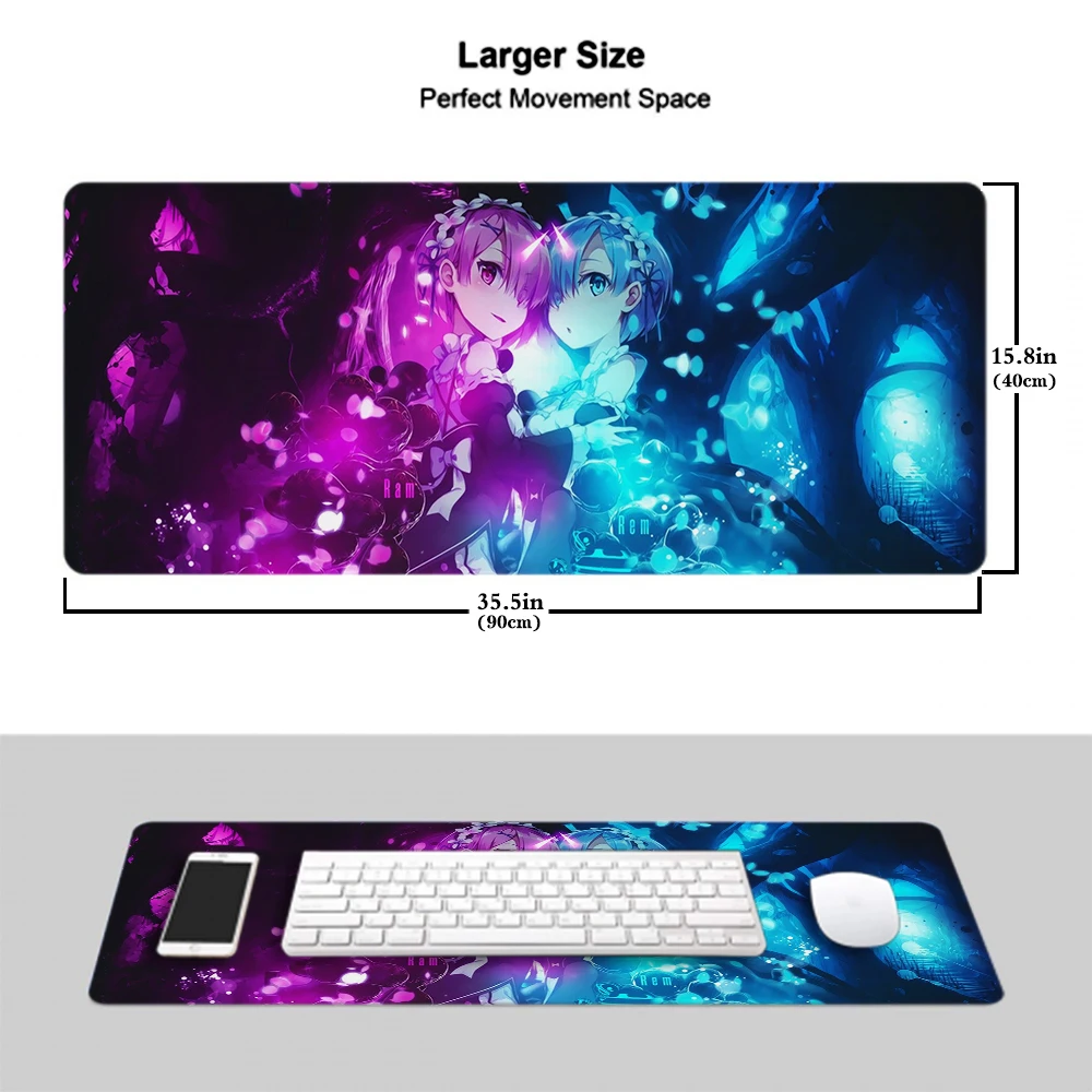 Rem Re Zero Anime Girls Speed Locking Edge Large Rubber Mouse Pad Waterproof Gamer Desk Mousepad Keyboard Mat for CSGO Dota LOL