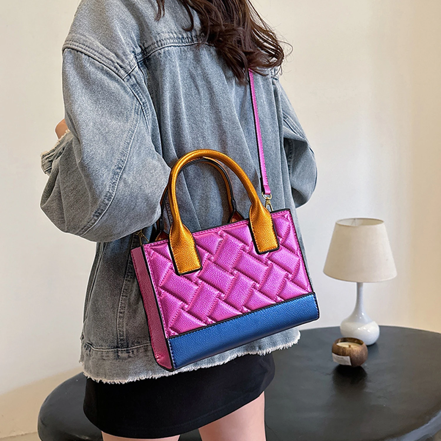 Women's K-G Colorful Splicing Chain Bag Shoulder Bag Fashion Ladies Zip Small Square Crossbody