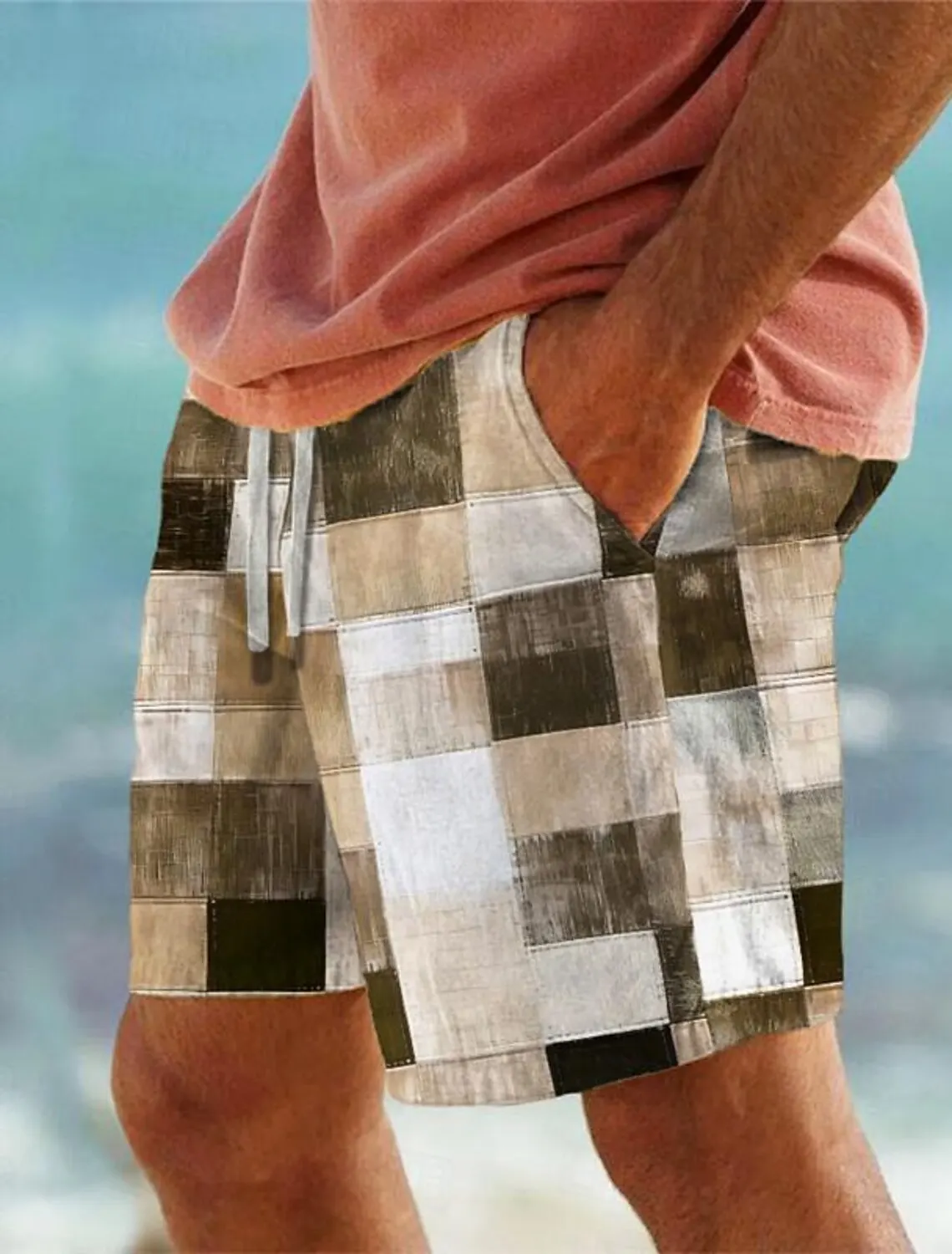 Men's Patchwork Plaid 3D Printed Beach Pants Men's Summer Breathable Shorts Fitness Street Shorts Men's Ropa Hombre 3