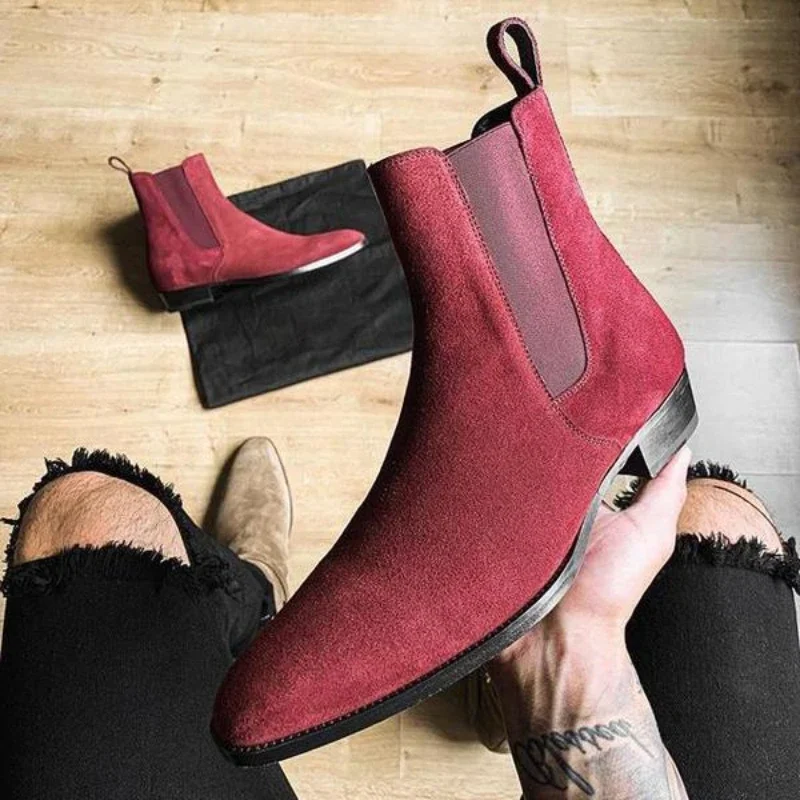 Chelsea Boots Men Red Faux Suede Cowboy Ankle Vintage Boots Slip on Shoes for Men