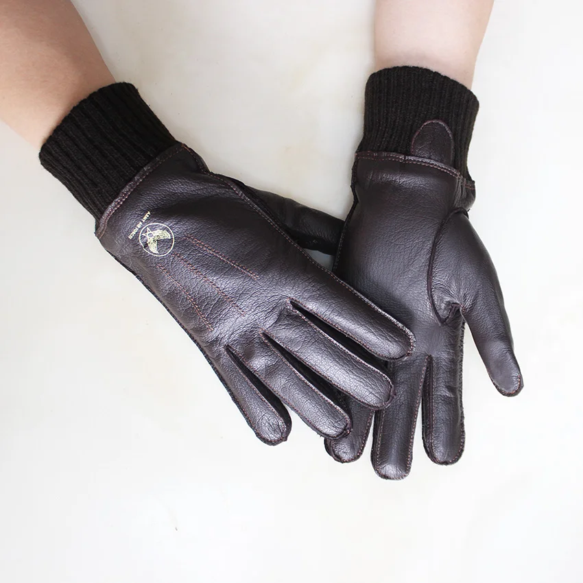 Men's Deer Skin Gloves Touch Screen Leather Thickened Winter Warm Ribbed Sleeves Aviation Motorcycle Riding Gloves