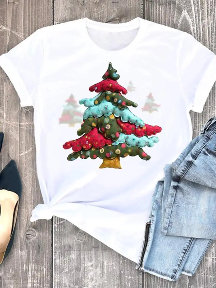 

Watercolor Tree Trend 90s Women Clothes Print O-neck New Year Graphic T-shirt Lady Casual Female Christmas Fashion Shirt Tee