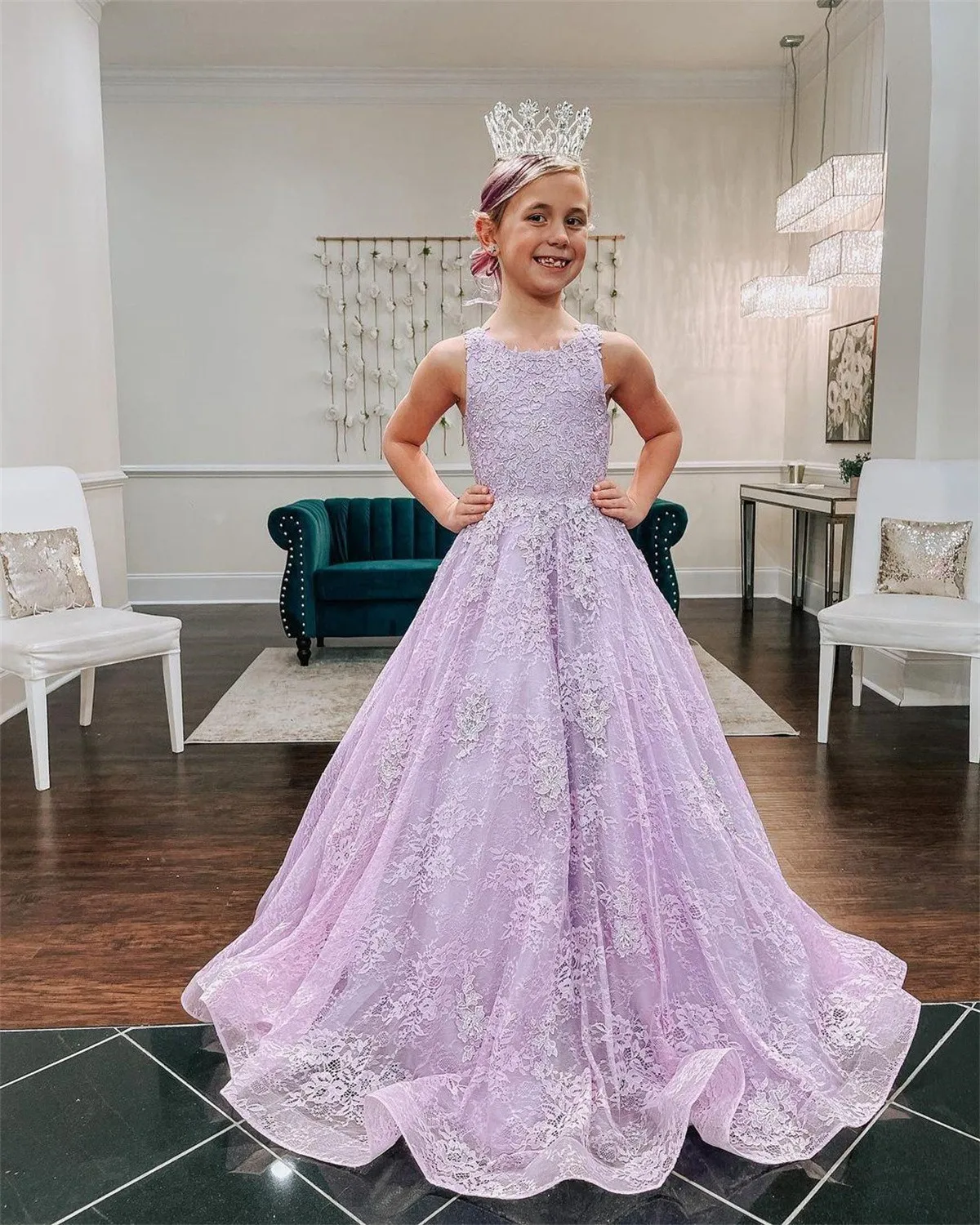 

Purple Flower Girl Dresses Lace Applique Pageant For Weddings First Communion Dresses Girl Birthday Party Evening Dresses