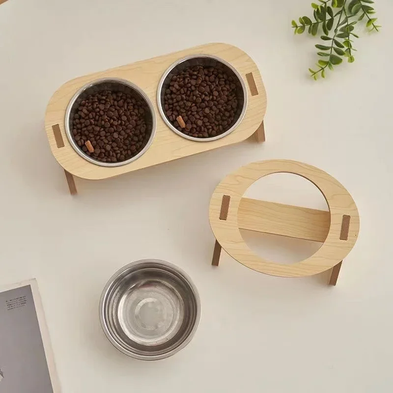 Wooden Double Cat Food Bowl with Anti Knockover Design