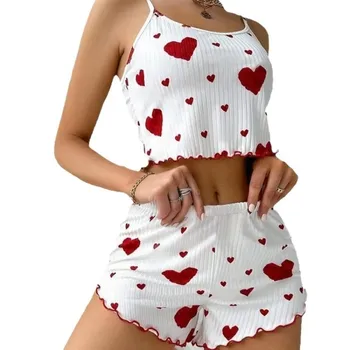Nouveau ensemble de pyjama pour femmes tricoté amour imprimé doux sangle Shorts S M L blanc respirant décontracté amour imprimé maison pyjama ensemble