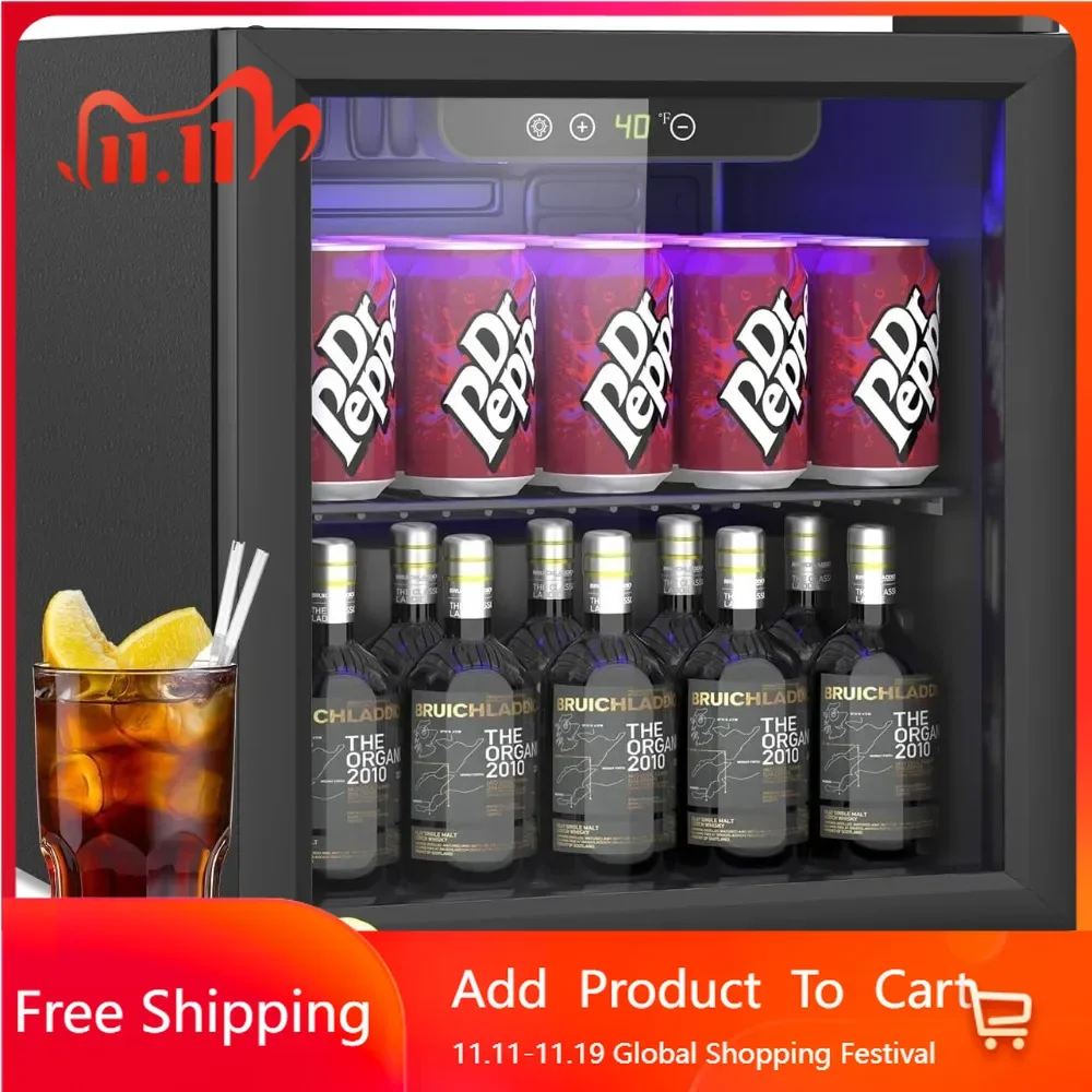 1.3 cubic foot refrigerator cooler, 60 can mini fridge with glass door, digital temperature display for soda water, beer or wine