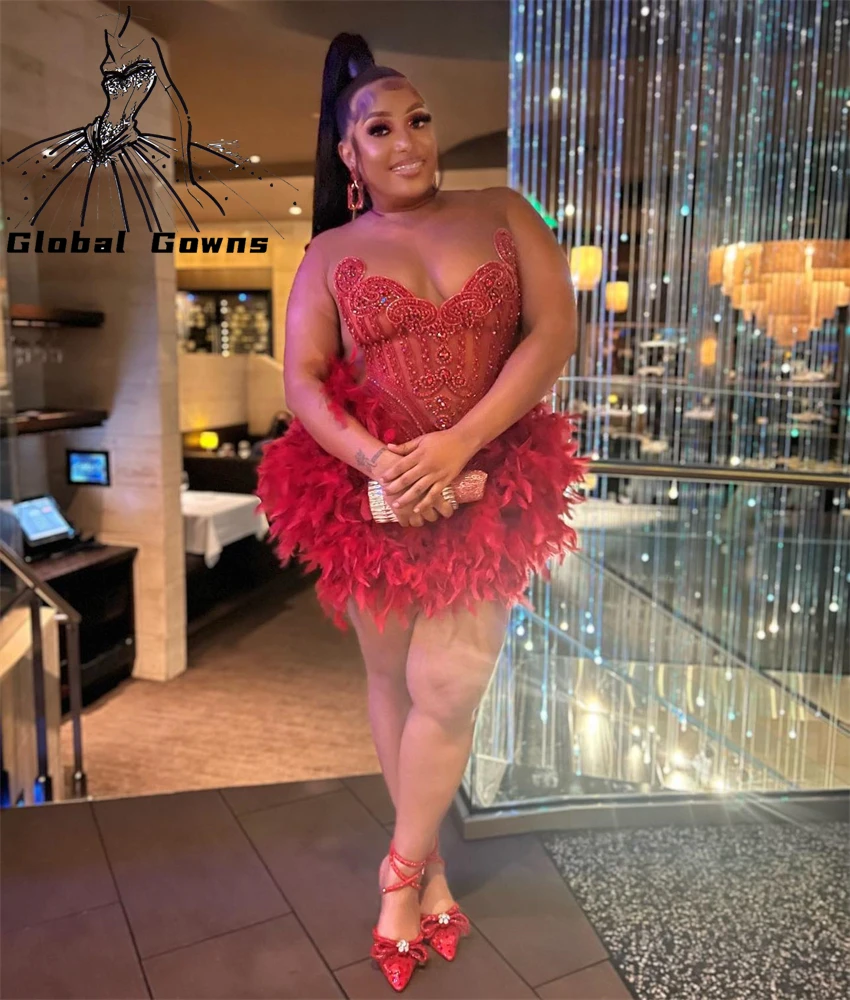 

Red Beaded Short Prom Dresses For Black Girls Crystal Feathers Birthday Dress Mini Cocktail Gowns Homecoming Robe De Bal
