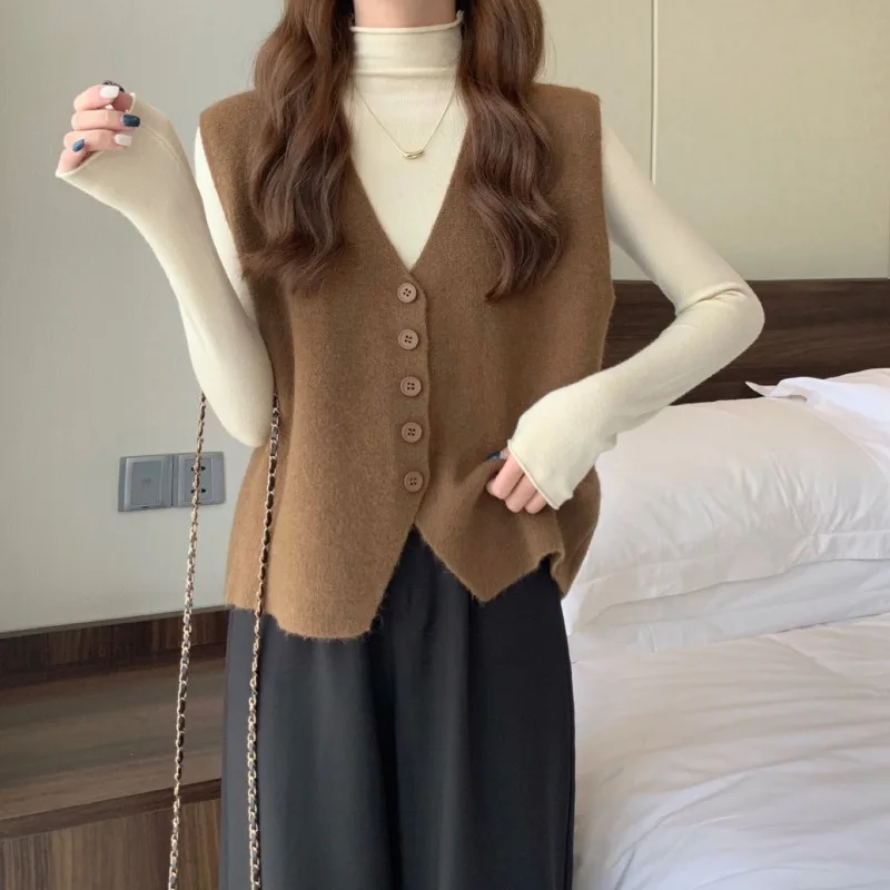 

Girls Wear New Women's Loose High-End Waistcoat Knit Vest Wool V-Neck Solid Color Button Sleeveless New Fashion Coat R174