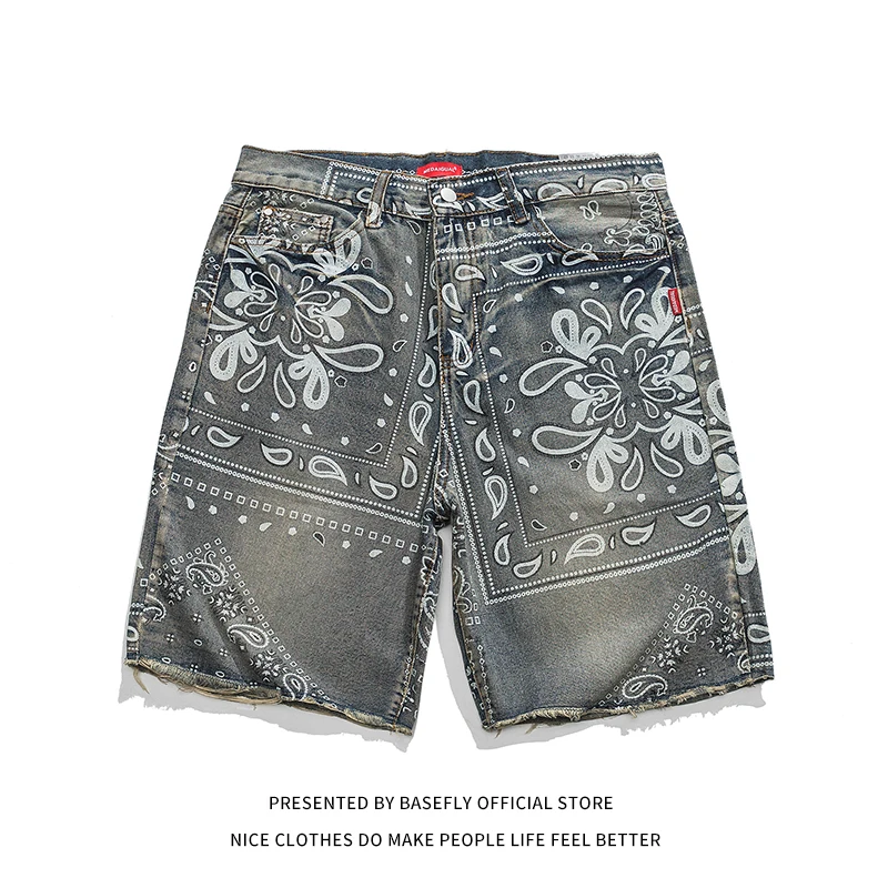 Spring Summer Tassels Paisley Bandanna High Street Men Short Denim Pants Unisex Women Jogger Trousers Short Bottom Couple Chic